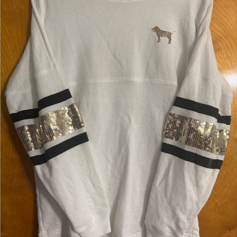 Victoria Secrets PINK white Sequin-Trim Sweatshirt